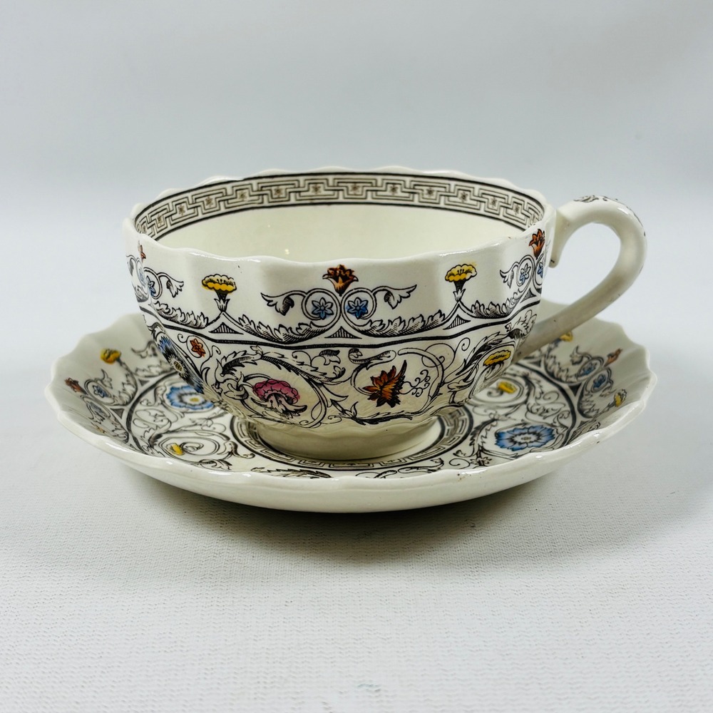 Copeland Spode Florence Tea Cup Saucer Set England Floral Scalloped Rim Vintage